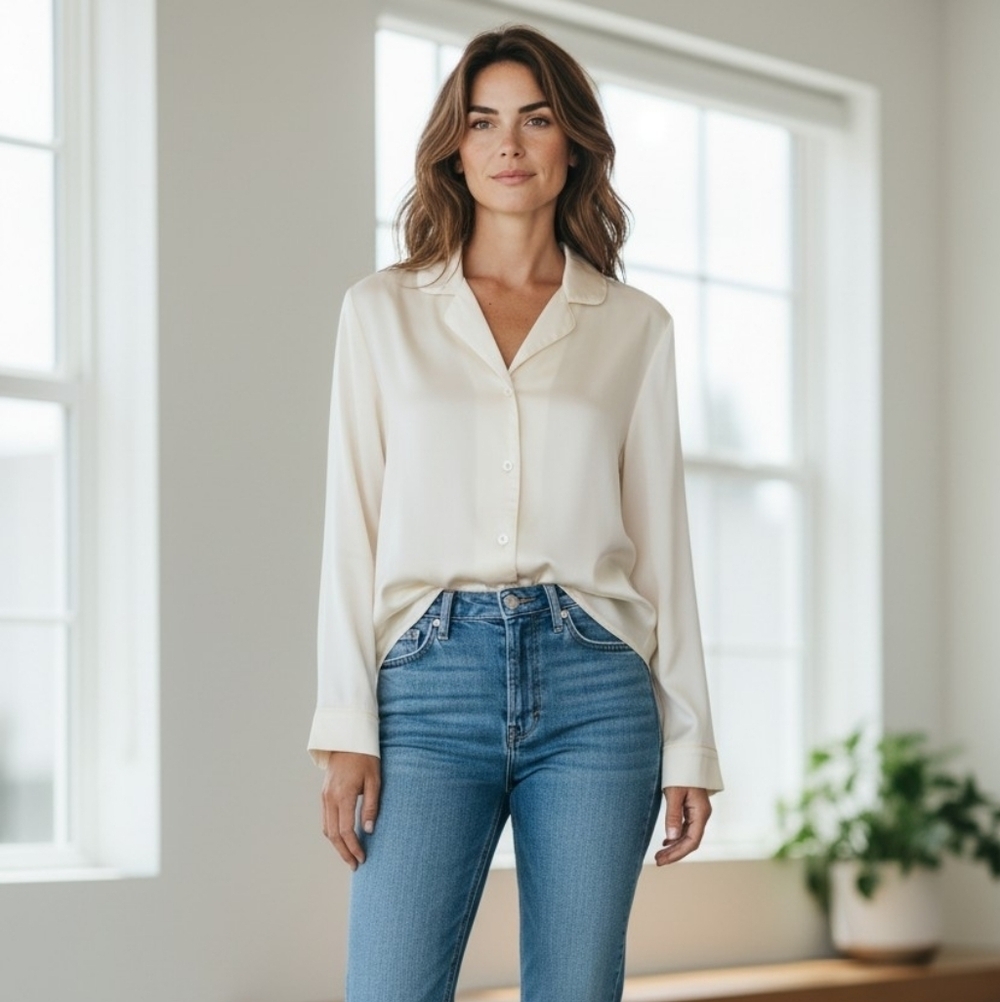 I.MAGNIN Vintage 100% silk button up long sleeve top. Cream.Size Large